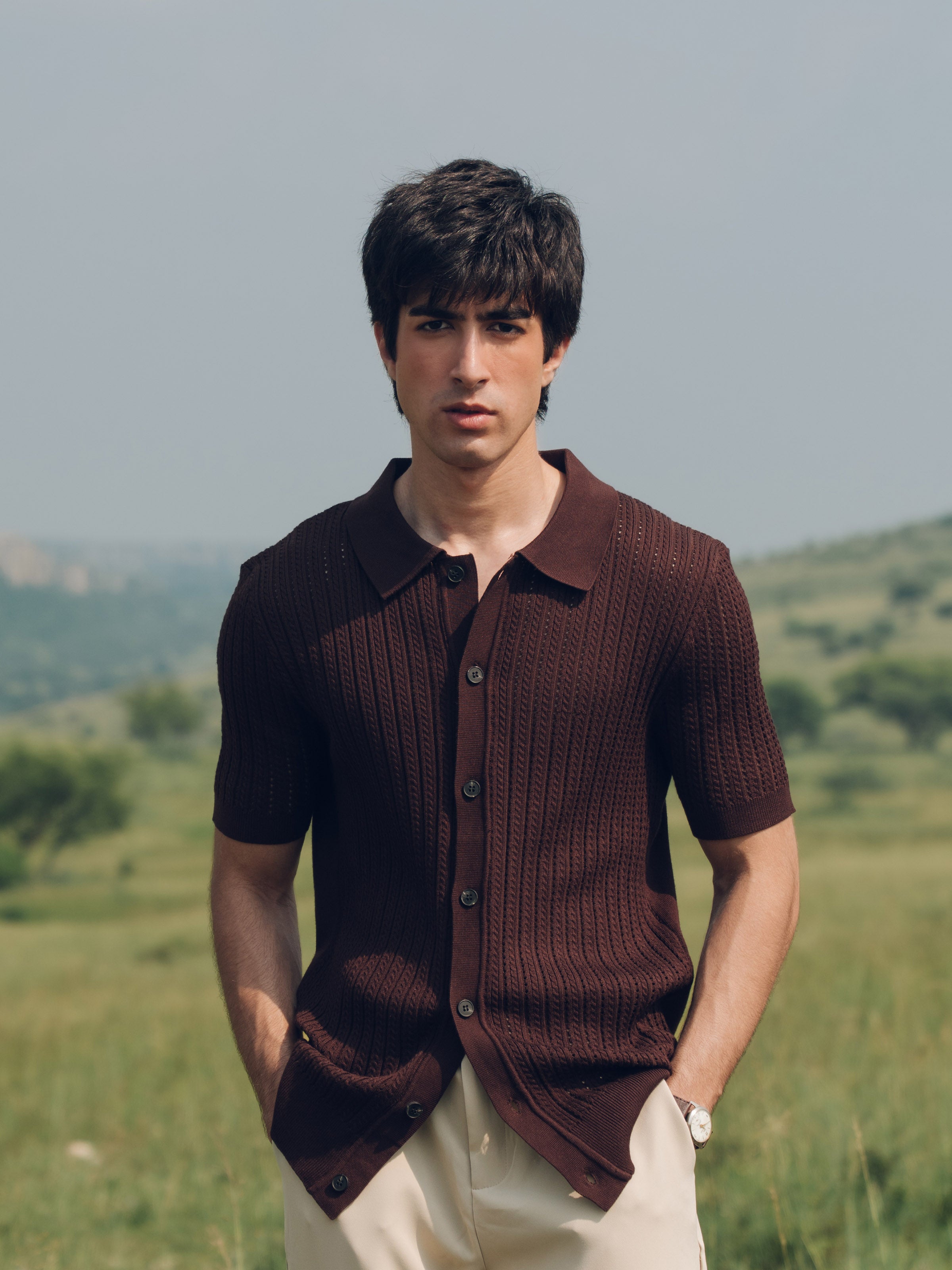 Crochet Knitted Polo Collar Shirt - FMTS5-32291