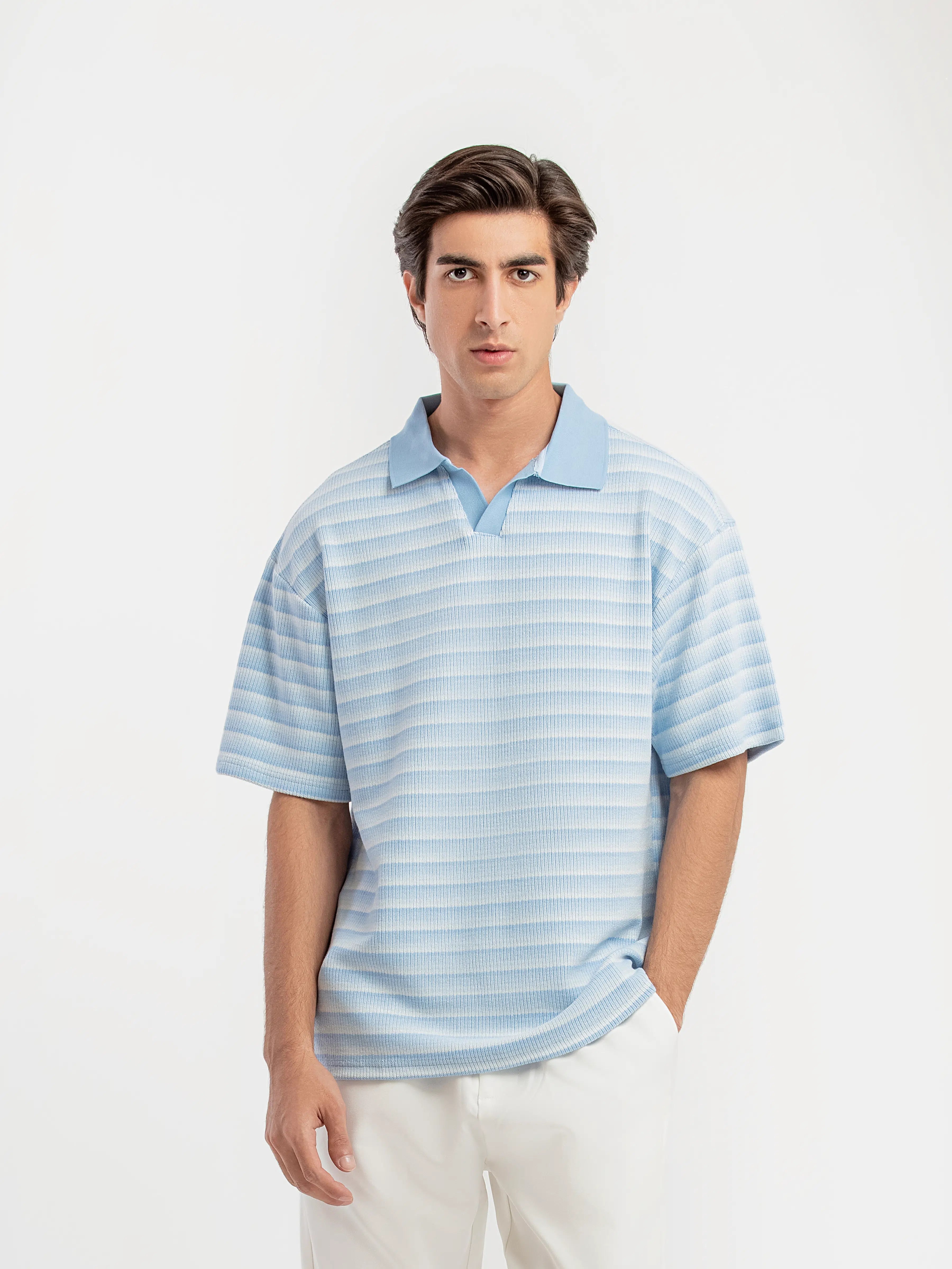 Striped Johnny Collar Sweater - FMTSWT5-065