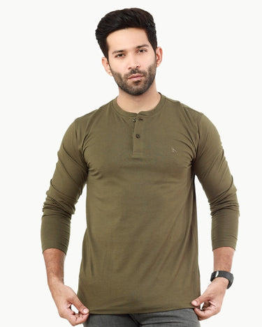 Men's Olive Green Henley Tee - FMTBF22-014