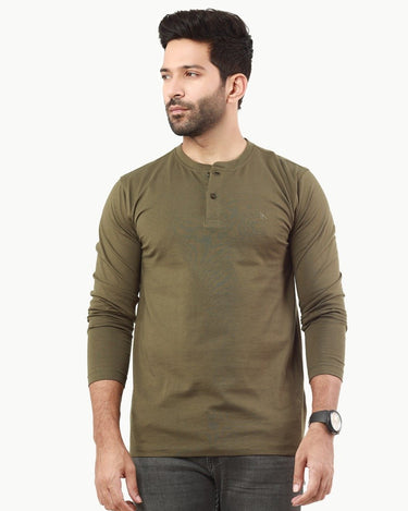 Men's Olive Green Henley Tee - FMTBF22-014