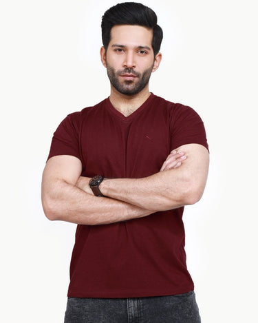 Men's Maroon V-Neck Basic Tee - FMTBT22-012