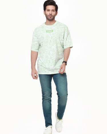 Men's White Green Printed Tee - FMTPL22-001