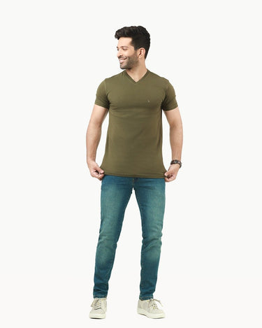 Men's Army Green V-Neck Basic Tee - FMTBS22-014