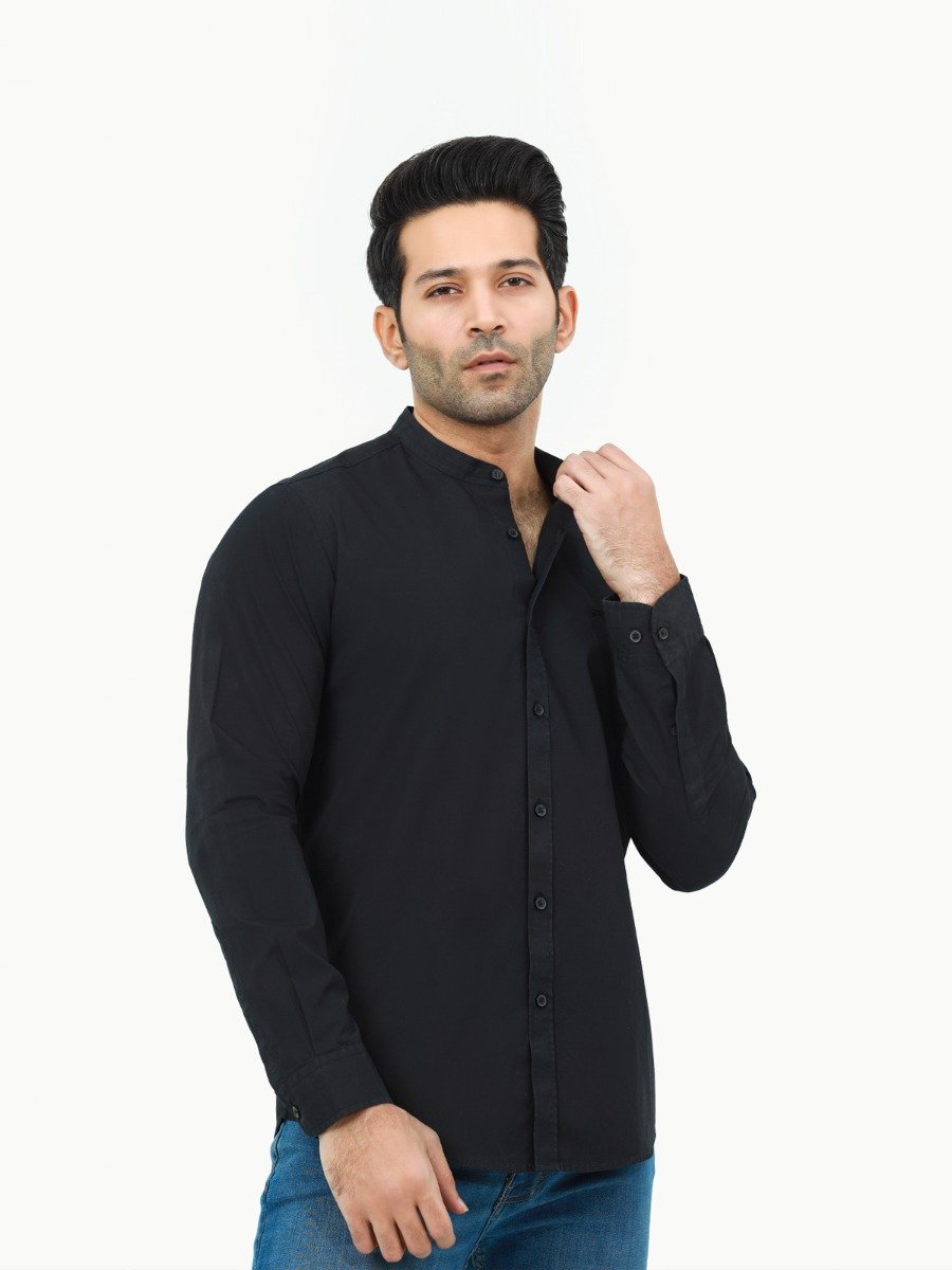 Viviz Forancci Men's Banded Collar Dress Shirt - Long Sleeve Solid Color, Regular Fit, Hidden Buttons