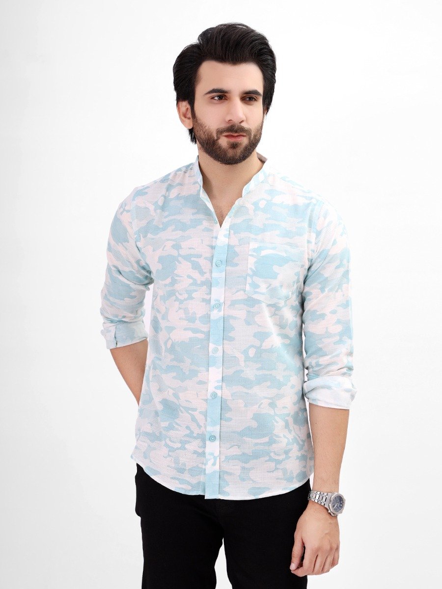 Men's White & Blue Casual Shirt - FMTS21-31481