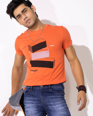 Men's Orange Crew Neck Graphic Tee - FMTGT20-016