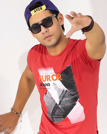 Men's Red Crew Neck Graphic Tee - FMTGT20-015