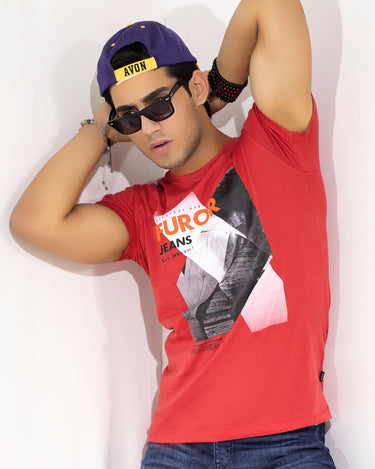 Men's Red Crew Neck Graphic Tee - FMTGT20-015