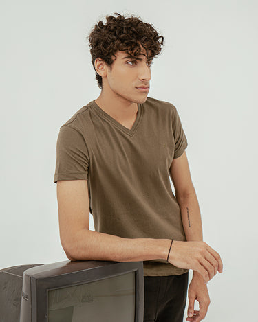 Men's Army Green V-Neck Basic Tee - FMTBT22-016