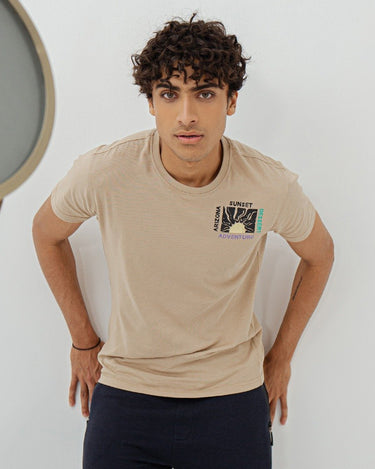 Men's Beige Crew Neck Graphic Tee - FMTGT22-006