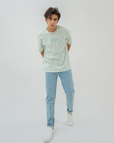 Men's White Green Printed Tee - FMTPL22-001